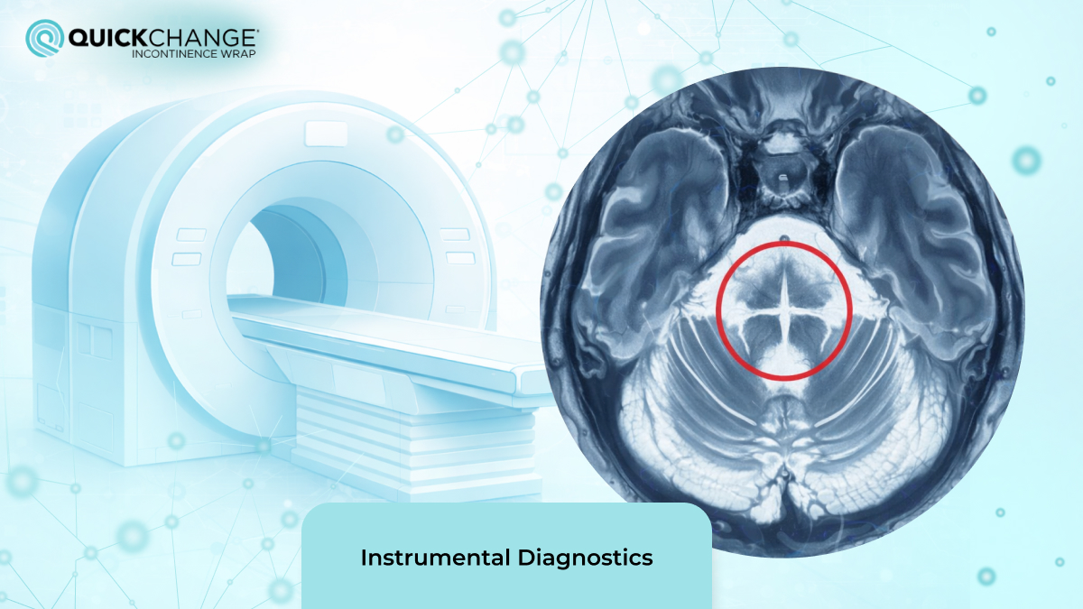 MRI machine and brain scan highlighting a diagnostic area for multiple system atrophy (MSA); instrumental diagnostics illustration.