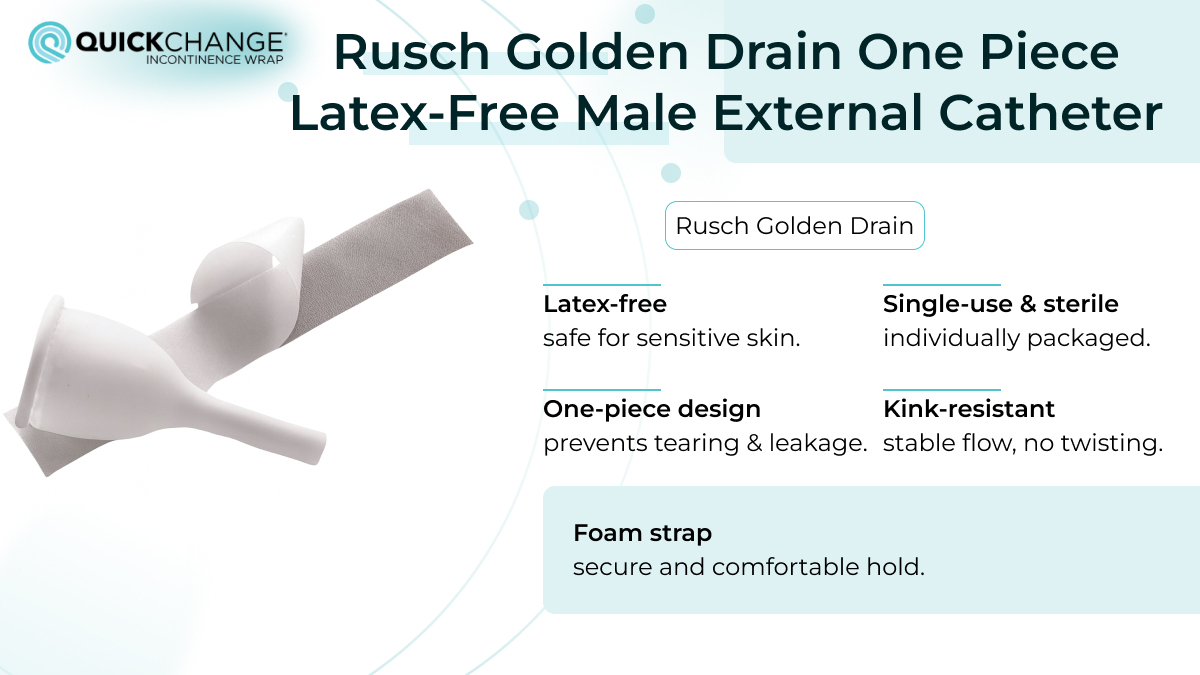 Rusch Golden Drain latex-free external catheter with foam strap, kink-resistant design, and sterile packaging