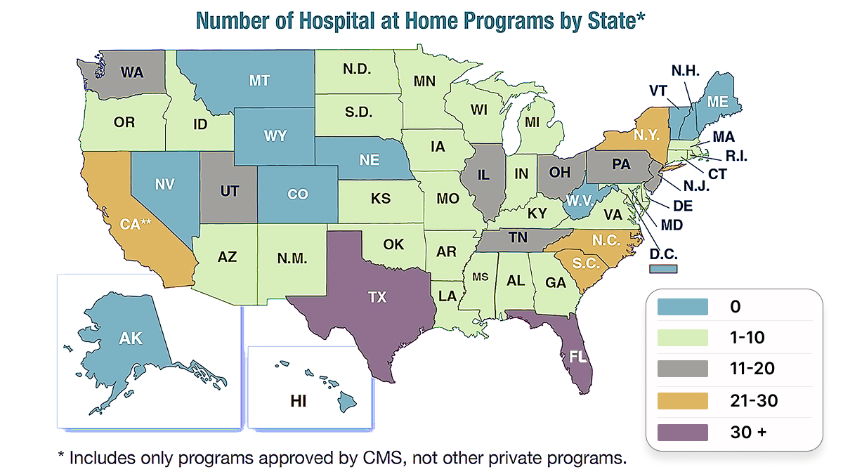 Map of US hospital-at-home programs in 2024 showing Texas and Florida as leading states
