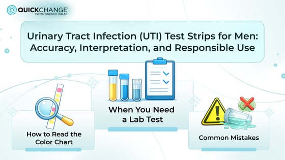 Illustration about urinary tract infection (UTI) test strips for men showing accuracy, interpretation of urine dipstick results, and common mistakes in at-home UTI testing
