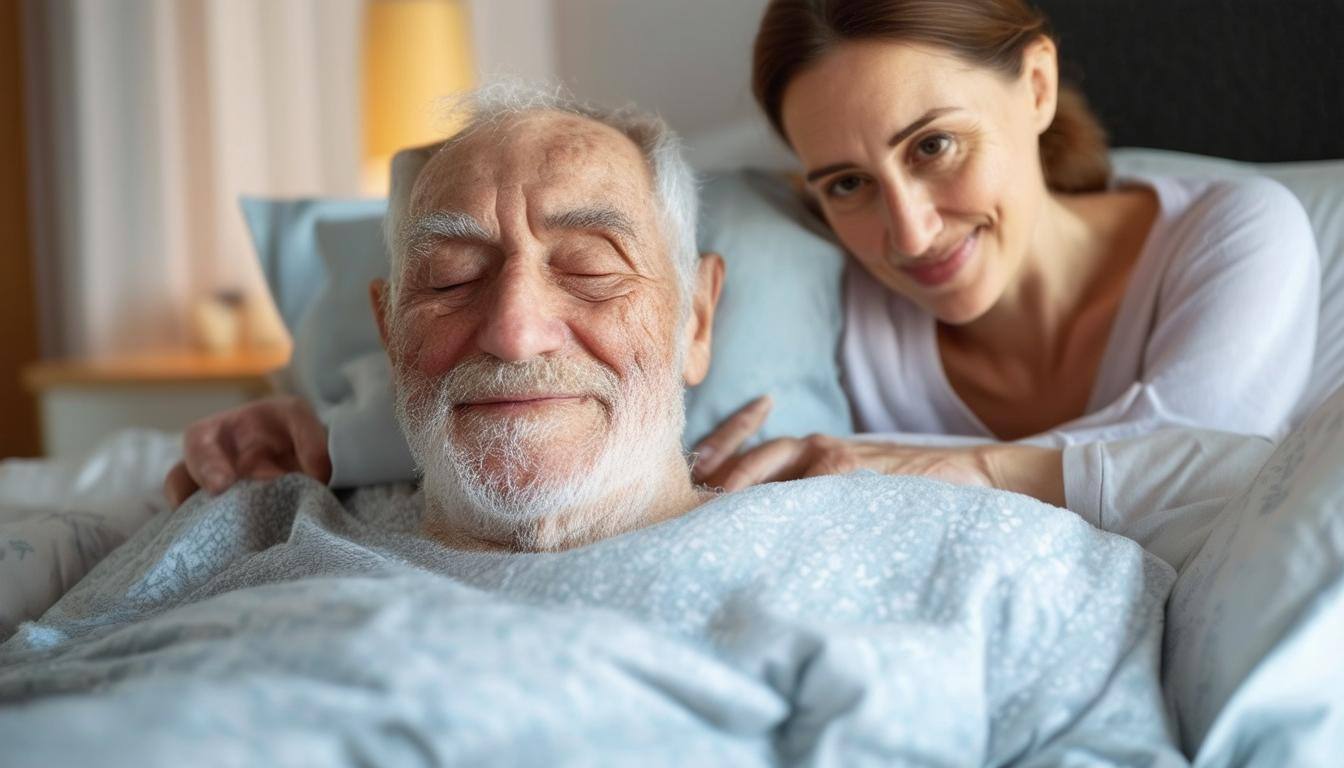 man comfortable in bed with his caregiver