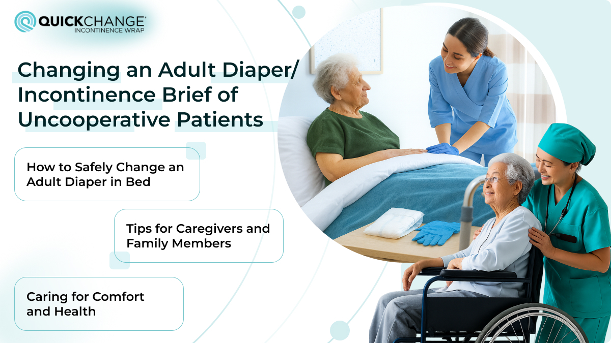 Professional caregivers changing adult incontinence brief for elderly patient in bed and wheelchair setting