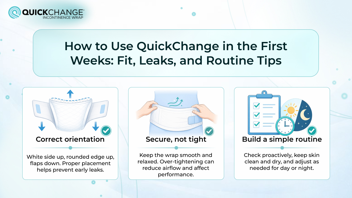 How to use QuickChange in the first weeks: correct orientation, secure fit, and routine tips to prevent leaks