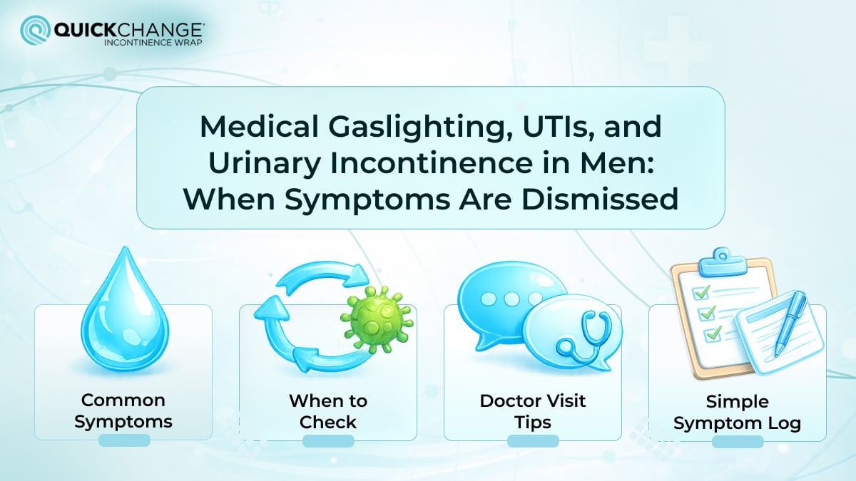 Main image on medical gaslighting and male urinary health issues, showing symptoms of urinary tract infections and incontinence. Includes sections: Common Symptoms, When to Check, Doctor Visit Tips, and Simple Symptom Log.