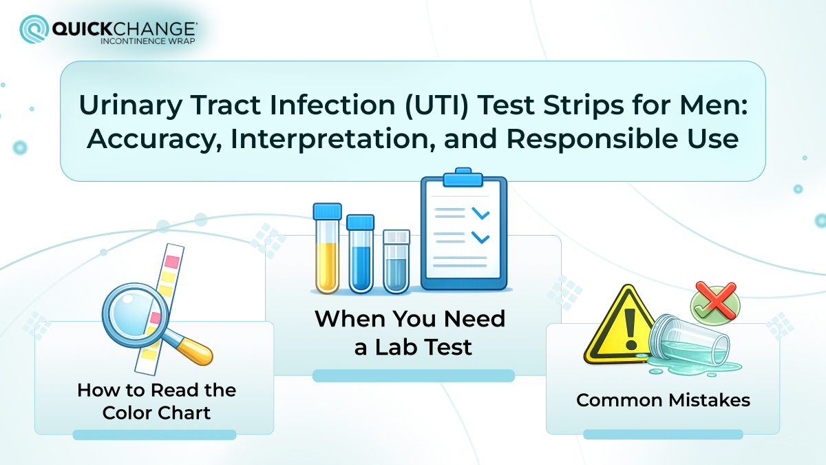 Illustration about urinary tract infection (UTI) test strips for men showing accuracy, interpretation of urine dipstick results, and common mistakes in at-home UTI testing